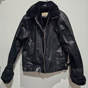 Vintage Glam Rock Donna Pelle Leather Coat Womans Medium Faux Fur Collar & Cuffs